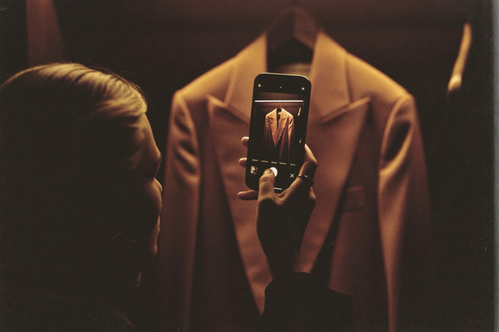 Hands photographing a caramel blazer with a phone — AI reading a real wardrobe