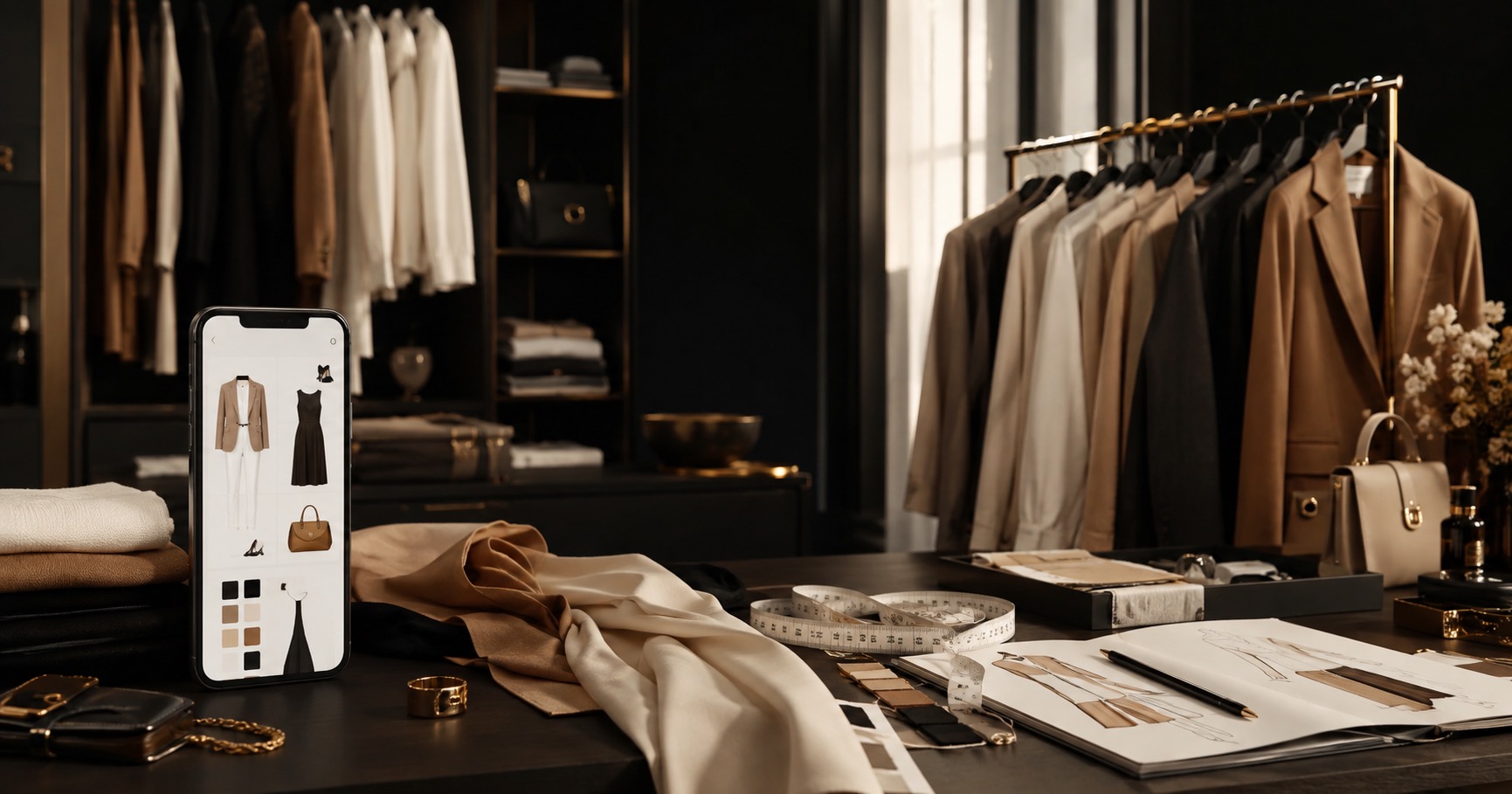 A phone showing an AI stylist app beside a personal stylist's rack, measuring tape and fashion sketches