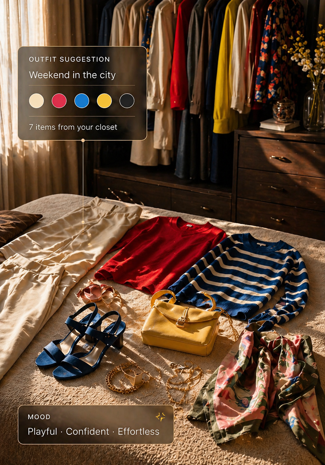 An outfit laid out on a bed — beige trousers, red knit, striped sweater, navy heels, a yellow bag and a floral scarf — labelled 'Weekend in the city, 7 items from your closet, mood: playful, confident, effortless.'