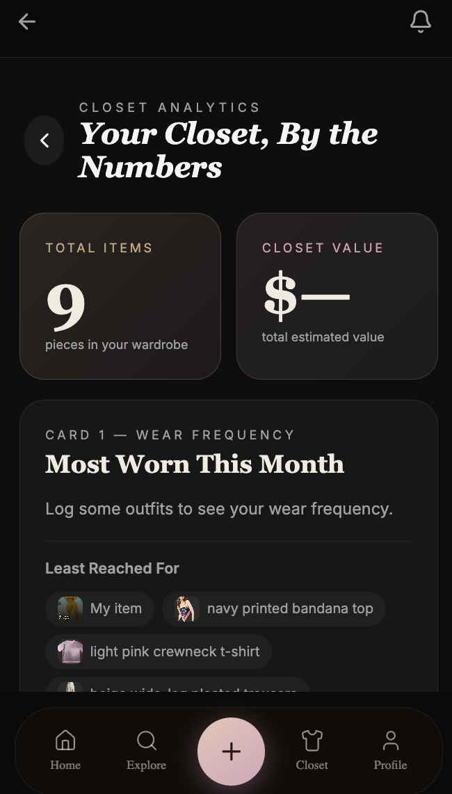 Drobe app showing closet analytics
