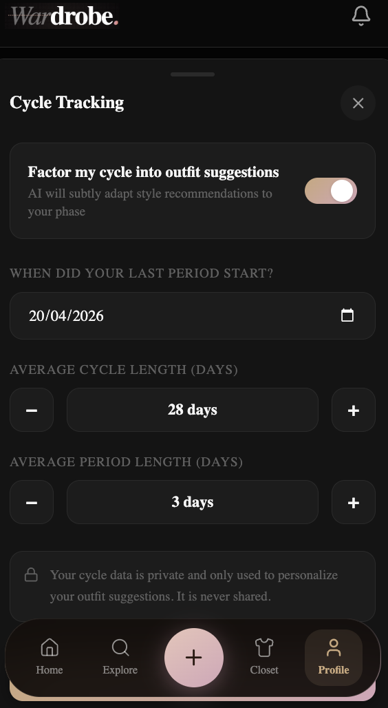 Drobe app showing cycle tracking settings