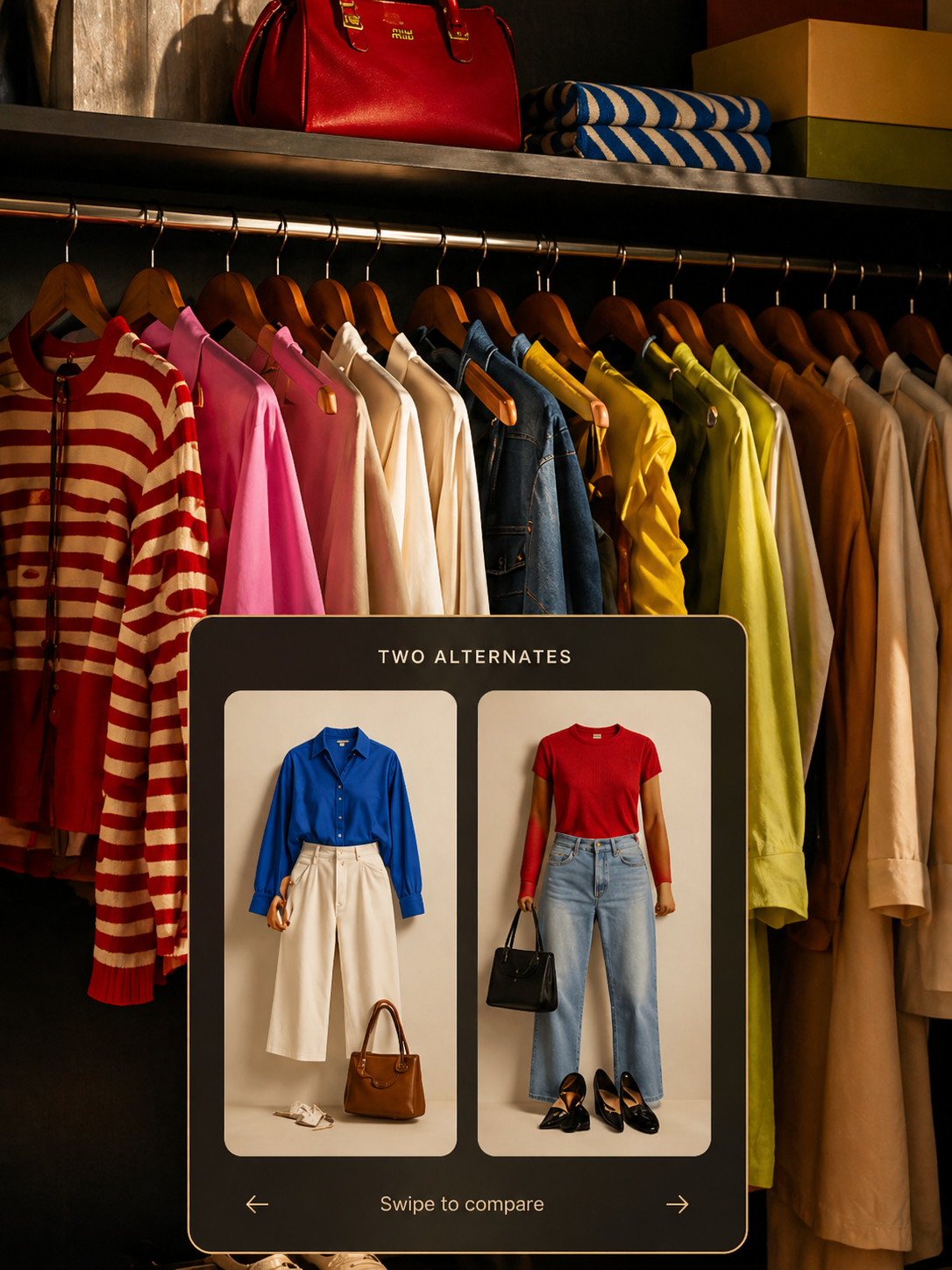 A Drobe card showing two alternate outfits side by side — a blue shirt with cream trousers, and a red tee with light denim — with 'swipe to compare'.