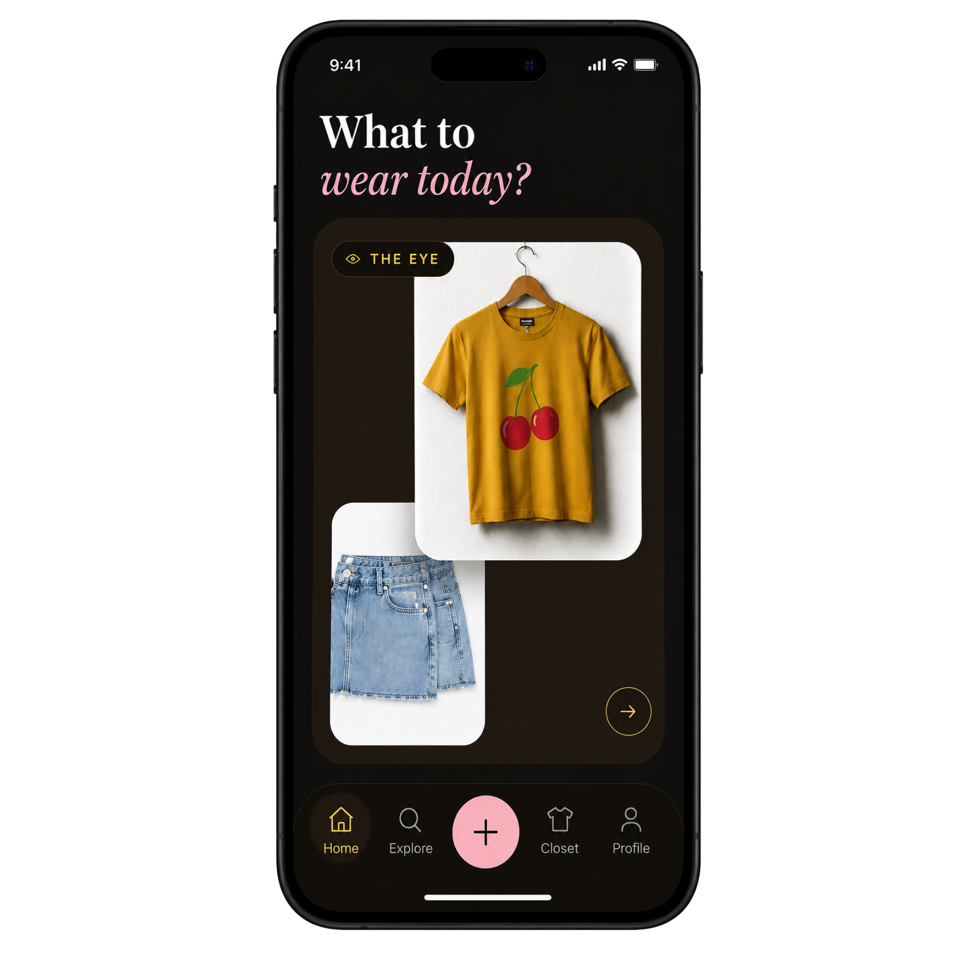 Phone showing 'What to wear today?' with a cherry mustard tee and denim skirt suggestion from The Eye
