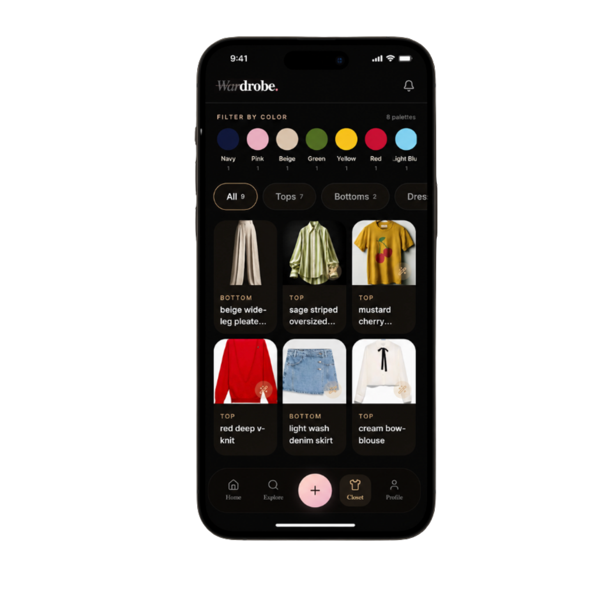 Phone showing the Wardrobe closet grouped by color, with sage, mustard, denim, and cream pieces