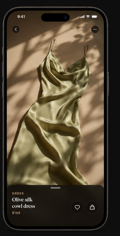 Phone showing an olive silk cowl dress product detail