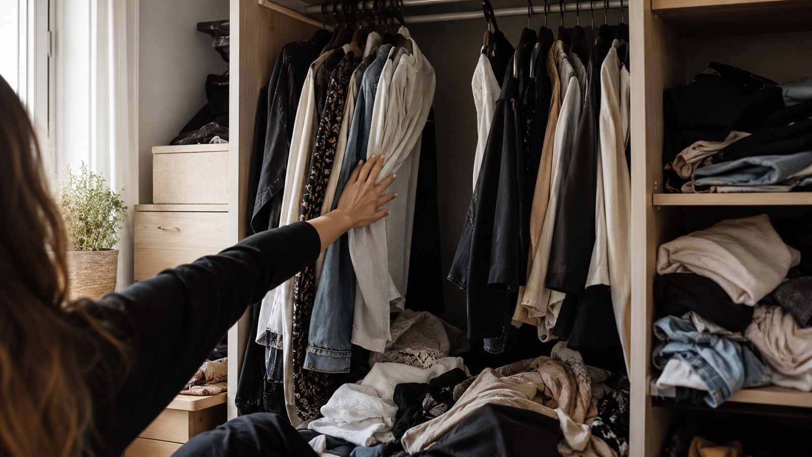 A woman reaches into an overstuffed closet with clothes piled on the shelf and floor — a full wardrobe and nothing to wear