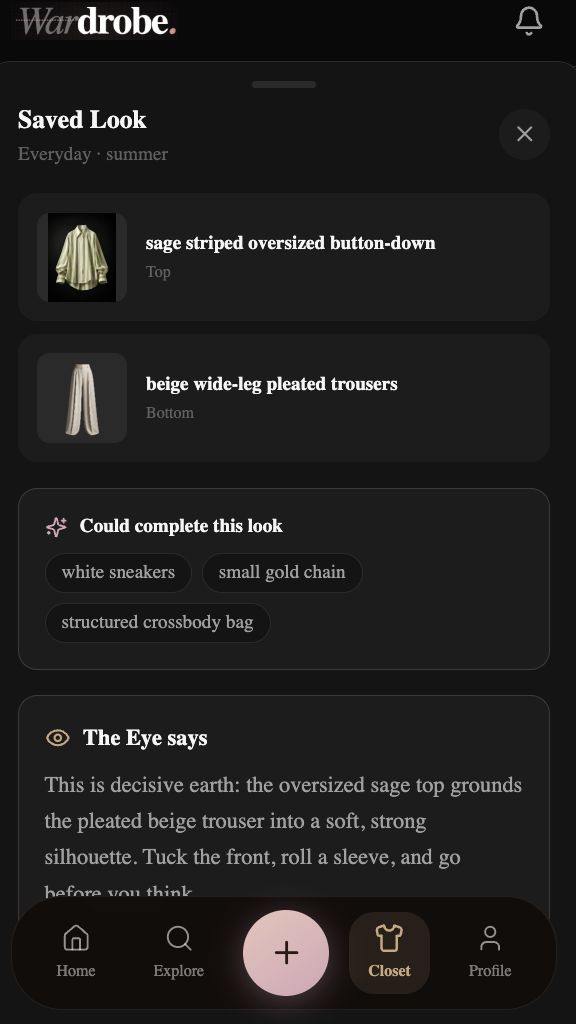 Drobe app showing a saved look