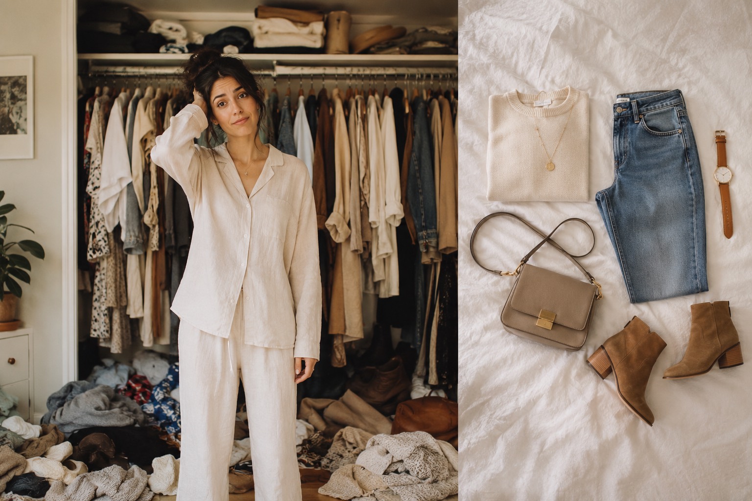 A woman stands puzzled before an overflowing closet beside a flat lay of one complete outfit