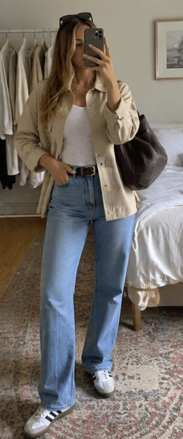 Tan shacket and wide-leg jeans styled for Tuesday