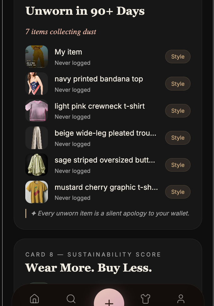 Unworn in 90+ Days card listing seven items collecting dust with Style buttons