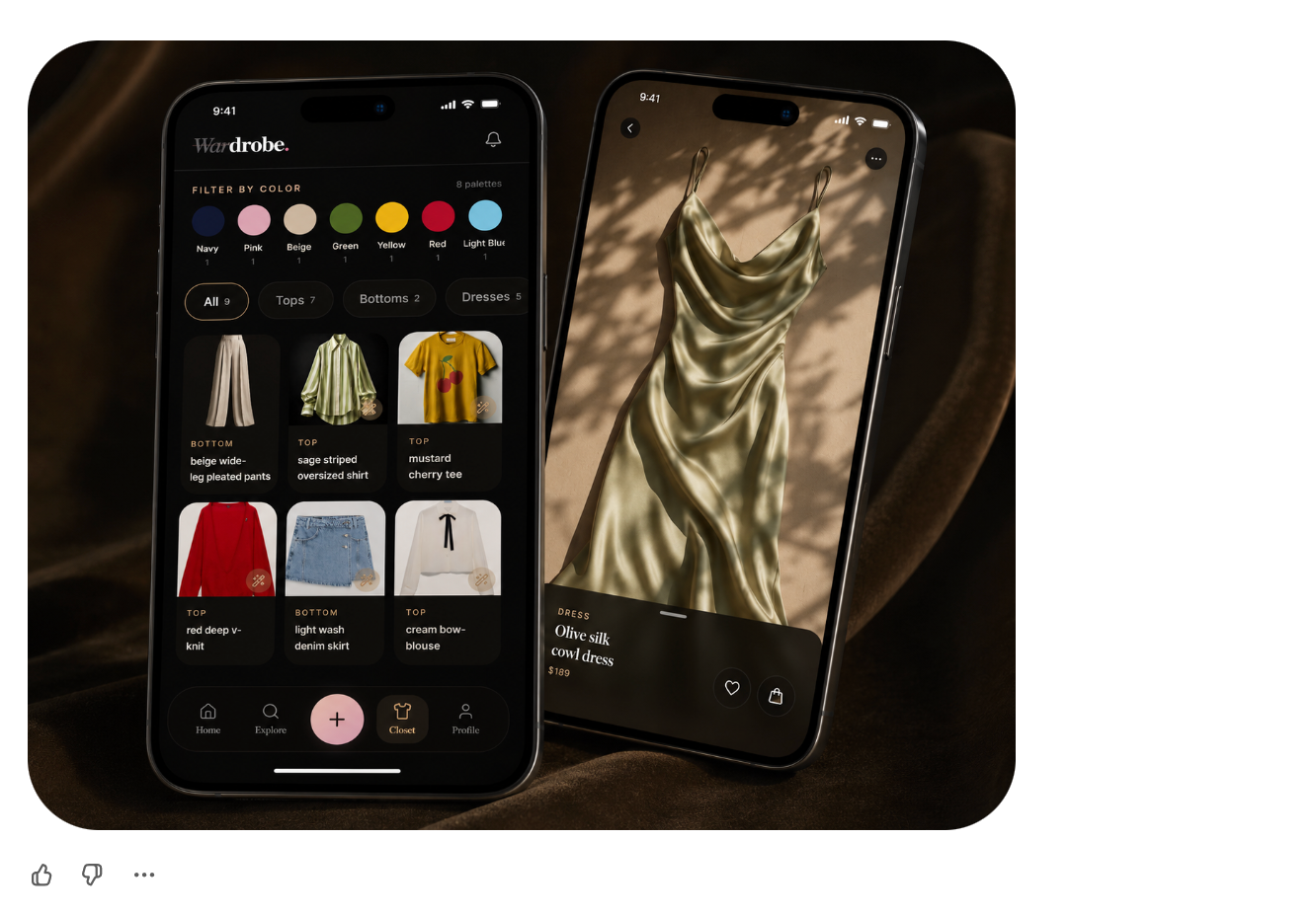 Two phones — one showing the Wardrobe closet sorted by color, one showing an olive silk dress tagged in detail by The Eye.