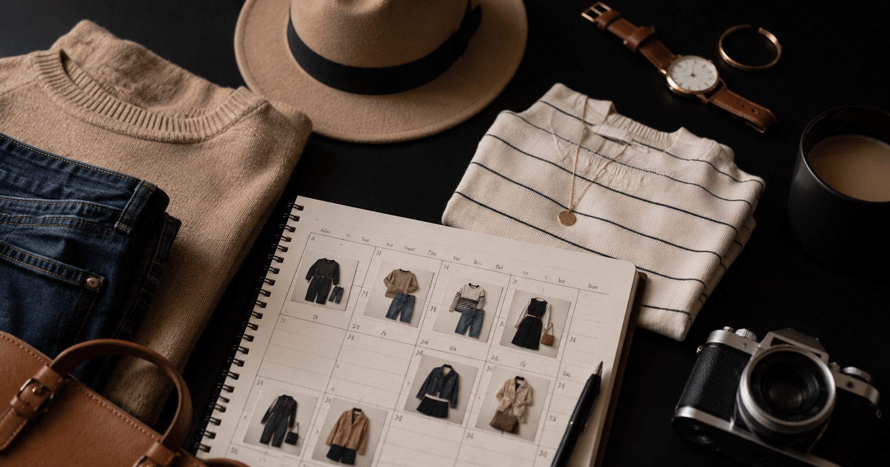 Flat lay of a folded sweater, denim, a fedora and an open outfit-planner notebook mapping a month of outfits