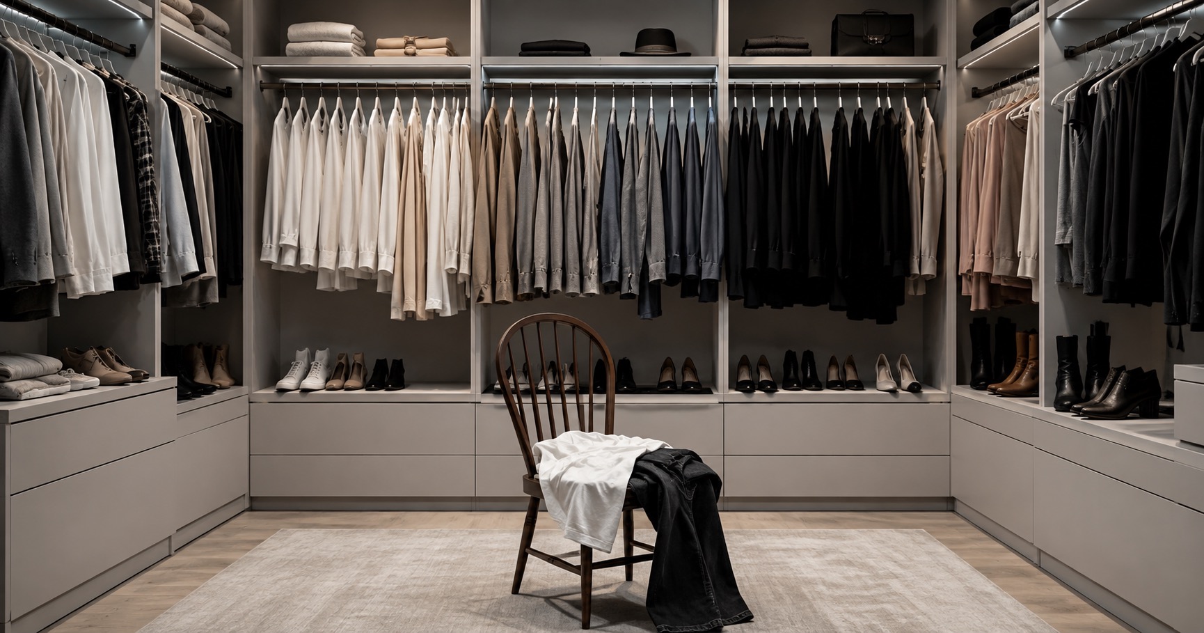 An immaculately organized walk-in closet arranged white to black by colour, yet a plain white tee and black jeans sit on a wooden chair in the middle